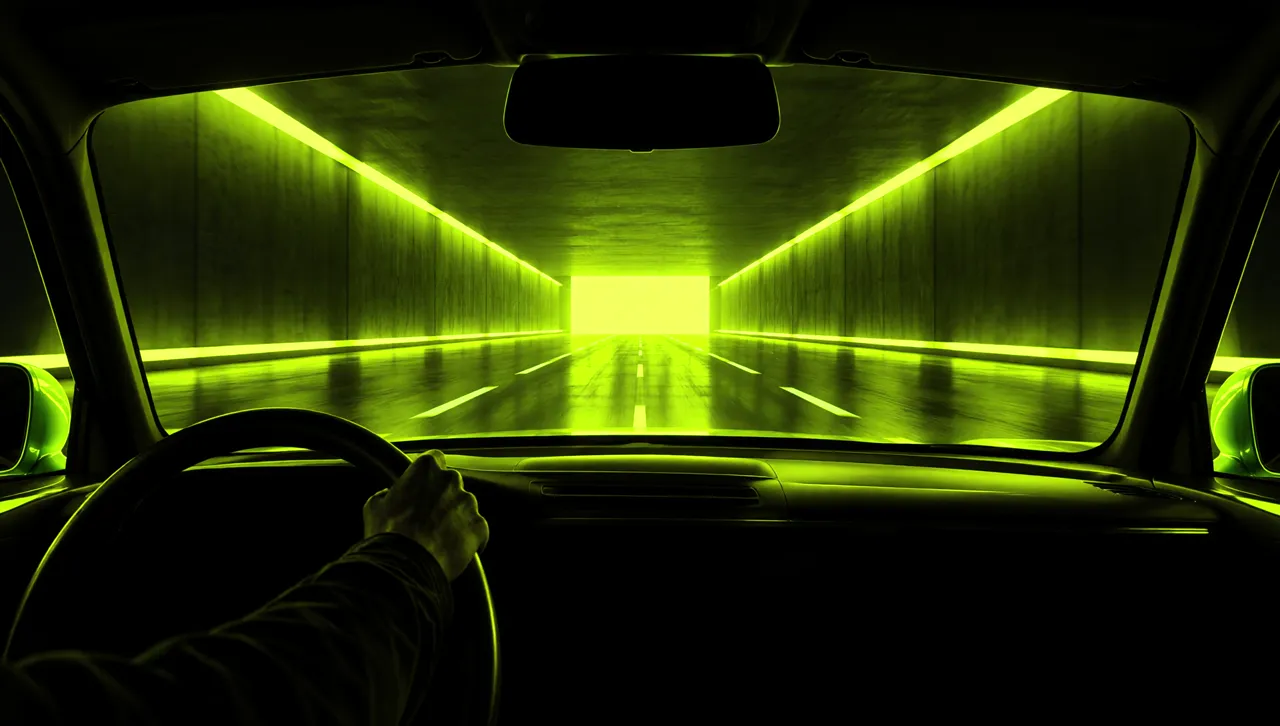 Inside a black car driving toward a lime-lit tunnel exit
